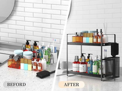 LEMIKKLE Bathroom Organizer Countertop, Counter Organizer for Bathroom Decor, Wooden Sink Shelf for Vanity Storage, Makeup Tray for Perfume Skincare Bedroom Kitchen Corner (Black)