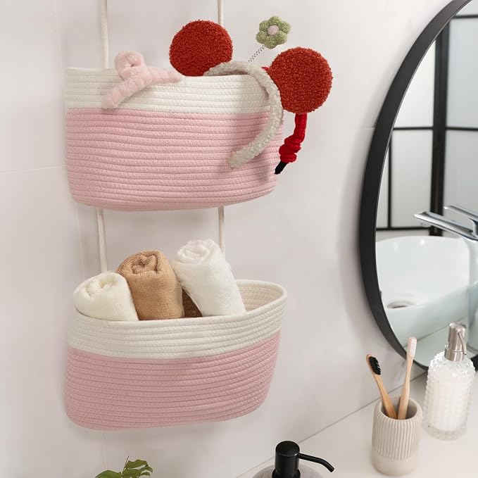 TeoKJ Over the Door Hanging Basket, 3-Tier Woven Cotton Wall-Mounted Storage Organizer Bag Decorative Hanging Nursery Baskets, Pink & White