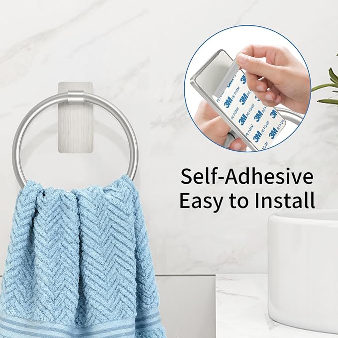 STWWO Brushed Nickel Towel Ring, Hand Towel Holder for Bathroom, Self Adhesive Hand Towel Rings for Bath, RV, No Drill Hole, 2 Pack