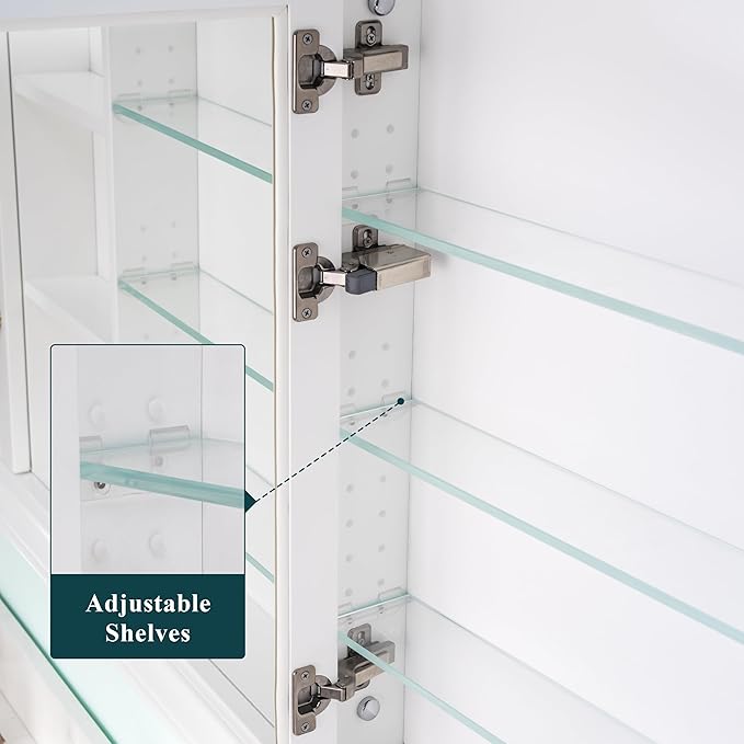 WELLFOR 55"x 32" Bathroom Medicine Cabinet with Dual Mirrors, Recessed Wood Medicine Cabinet with Built-in 6-Tier Adjustable Glass Shelves and 2 Soft-Close Doors, Recessed Mount Only