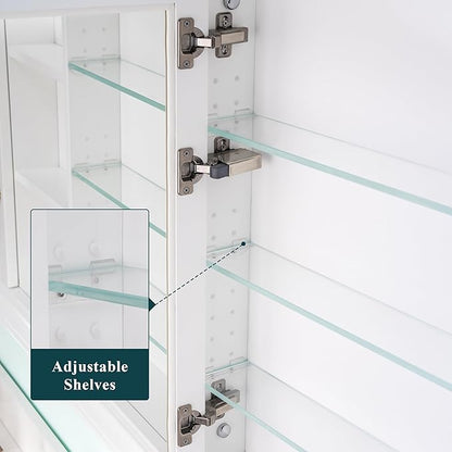 WELLFOR 55"x 32" Bathroom Medicine Cabinet with Dual Mirrors, Recessed Wood Medicine Cabinet with Built-in 6-Tier Adjustable Glass Shelves and 2 Soft-Close Doors, Recessed Mount Only