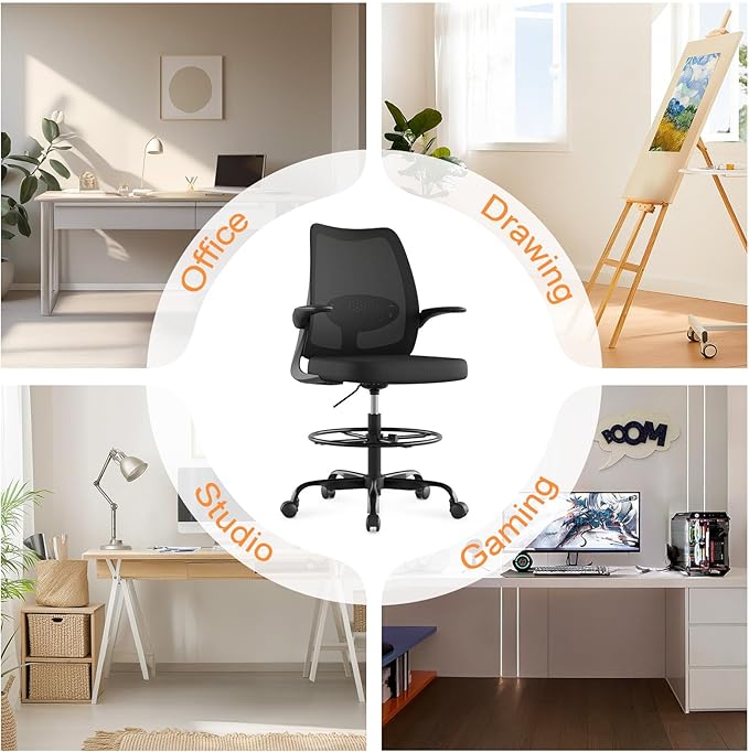 Tall Drafting Chair Ergonomic Home Office Desks Chairs Standing Desk Chair with Flip-up Armrests Adjustable Height Breathable Mesh Office Chair with Lumbar Support and Adjustable Footrest Ring Black