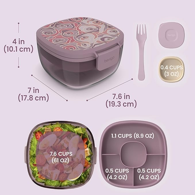 Bentgo Glass Prints Salad Container - 7.6-Cup Tinted Glass Salad Bowl with Airtight Lid, Leak-Proof Sauce Container, 4-Compartment Bento Meal Prep Tray & Reusable Fork (Floral Maximalist - Bouquet)