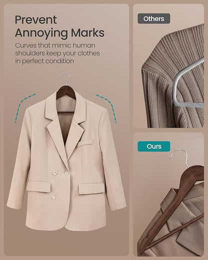 SONGMICS Wooden Hangers, Pack of 30, Coat Hangers, Pants Bar, 360° Swivel Hooks, Solid Birch Wood, Space Saving, for Jackets, Shirts, Coats, Walnut Brown UCRW030K02