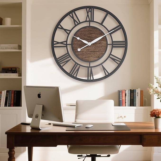 Pytha Sight 24 Inch Large Oversized Farmhouse Modern Decorative Wall Clock for Living Room,Silent Industrial Big Roman Numerals Vintage Metal Round Wall Clocks for Kitchen,Dinng Room,Office