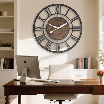 Pytha Sight 30 Inch Extra Large Giant Wall Clock,Oversized Round Silent Vintage Industrial Black Metal Farmhouse Big Roman Numeral Wall Clocks for Living Room,Kitchen,Bedroom Home Decor