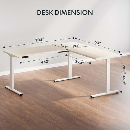 SANODESK L Shaped Standing Desk Adjustable Height, Electric Corner Standing Desk, 71 x 63 inch Sit Stand Computer Table with Splice Board, Maple