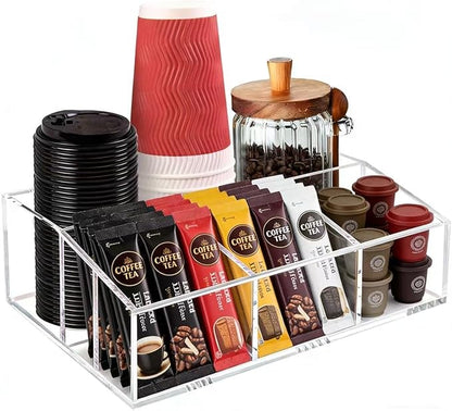 Coffee Station Organizer for Countertop - Clear Acrylic Coffee Bar Accessories and Organizer with Removable Dividers for Pods Condiment Syrup Tea Cups Stirrers Tea Bag - Farmhouse Table Decor