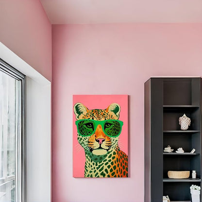 7CANVAS Preppy Wall Art Cheetah Picture Wall Decor Pink Leopard Print Animal with Sunglasses Chic Painting for Modern Home Girls Dorm 16x24Inch