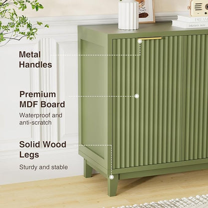 Fluted Cabinet with Storage, 2 Doors Sideboard Buffet, Mid Century Modern Accent Cabinet with Adjustable Shelves, Multifunctional Console Table with Storage for Living Room, Kitchen, Entryway, Green