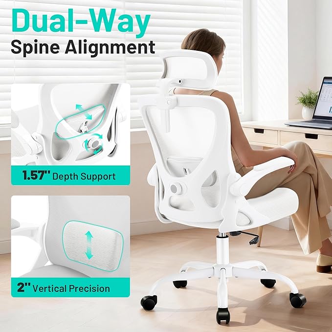 Office Chair - Ergonomic Desk Chair Breathable Mesh Chair with 2D Headrest & Adjustable Lumbar Support - Executive High Back Rolling Swivel Computer Gaming Chair with Wheels Flip-up Armrests