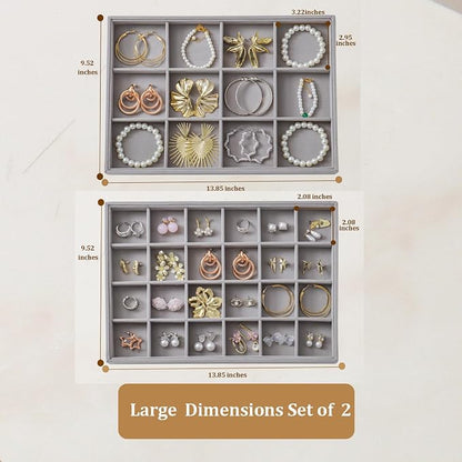 Large Velvet Jewelry Tray 2 Pack Stackable Jewelry Display Drawer Inserts Trays Organizer for Earring Bracelet Necklace Ring (Gray, 12 Grids+24 Grids)