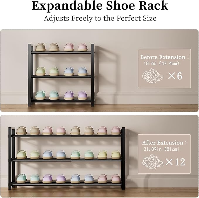 EKETE Expandable Shoe Rack,Adjustable and Stackable 3-Tier Shoe Rack Organizer, Shoe Rack for Closet,Space Saving,Metal Free Standing Shoe Rack for Entryway,Hallway,Closet Shoe Storage