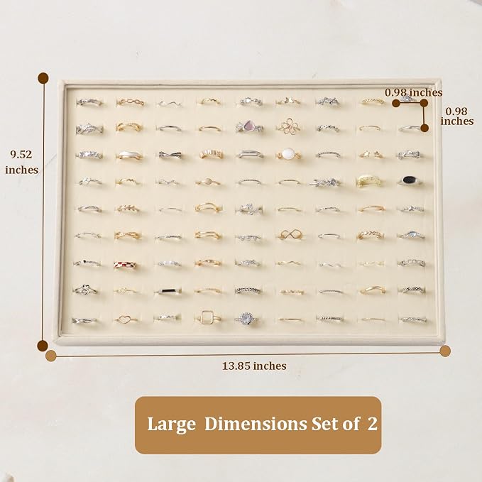 Large Velvet Jewelry Tray 2 Pack Stackable Jewelry Display Drawer Inserts Trays Organizer for Earring Bracelet Necklace Ring (Beige, Ring 81 Slots)