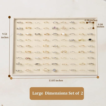 Large Velvet Jewelry Tray 2 Pack Stackable Jewelry Display Drawer Inserts Trays Organizer for Earring Bracelet Necklace Ring (Beige, Ring 81 Slots)
