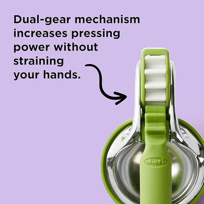Chef'n FreshForce Lemon Squeezer Citrus Juicer, Manual Hand Press with Dual-Gear Power for Maximum Juice Extraction, Durable, Lime Green