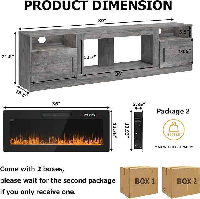 PRETZI Fireplace TV Stand with 36" Fireplace Up to 90" TVs, 80" Entertainment Center with LED Lights, Remote Control, TV Media Console with Storage Cabinets for Living Room, Grey