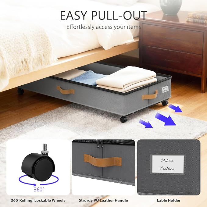 Under Bed Storage with Wheels 2-Pack, 75L XXL Under the Bed Storage Containers Large, 12" Tall Adjustable Storage for Underbed with Lids, Rolling for Clothes, Shoes, Blankets (4PCS-Grey)