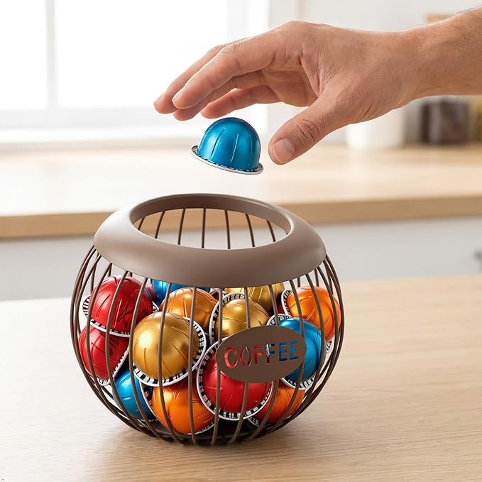Brown Coffee Pod Holder Basket Compatible with Nespresso Vertuo & K-Cup, Metal Wire Coffee Capsule Organizer for Countertop Storage, Holds Up to 30 Vertuo Pods or 18 K Cups