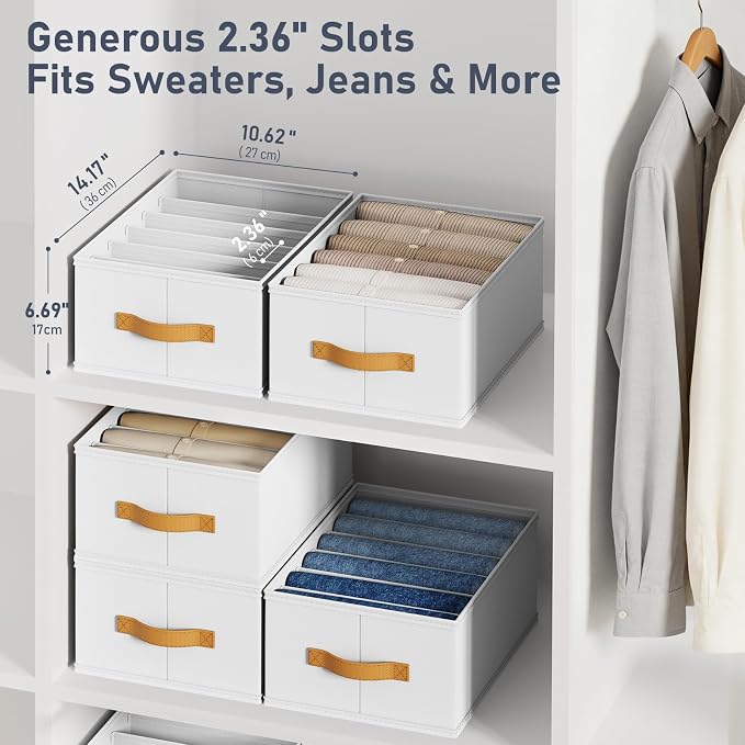 DIMJ Wardrobe Clothes Organizer - Foldable Closet Drawer Organizer Dividers for Jeans, Pants, Sweater, T Shirt, Storage Bins with Handles for Shelf