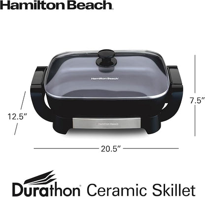 Hamilton Beach Electric Skillet with PFAS-Free Durathon Ceramic Coating, Removable 12x15” Pan, Adjustable Temperature, Reversible Design, Tempered Glass Lid, Black Nonstick Surface (38531)