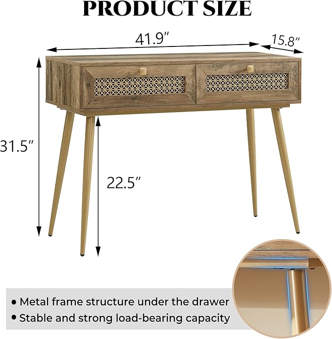 Mid Century Modern Console Table with Drawers, Narrow Sofa Table for Living Room, Entryway and Bedroom, Boho Style, Rustic Oak