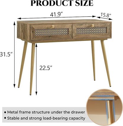 Mid Century Modern Console Table with Drawers, Narrow Sofa Table for Living Room, Entryway and Bedroom, Boho Style, Rustic Oak