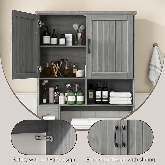 Over The Toilet Storage Cabinet, Farmhouse Storage Cabinet Over Toilet with Barn Door& Toilet Paper Holder Stand，Home Space-Saving Toilet Rack, for Bathroom, Restroom, Laundry.Wash Gray