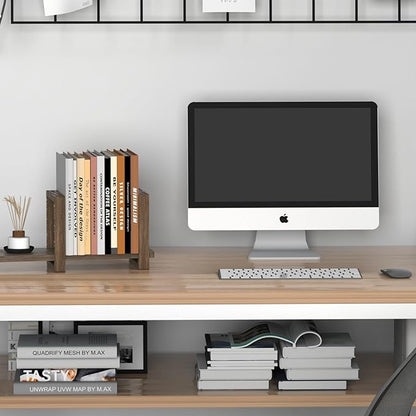 Adjustable Desktop Bookshelf Wooden Desk Book Holder Organizer Tabletop Bookshelf Mini Book Shelf Magazine Files Letters Storage Racks for Home Office Supplies, Great for Small Space, Dark Brown