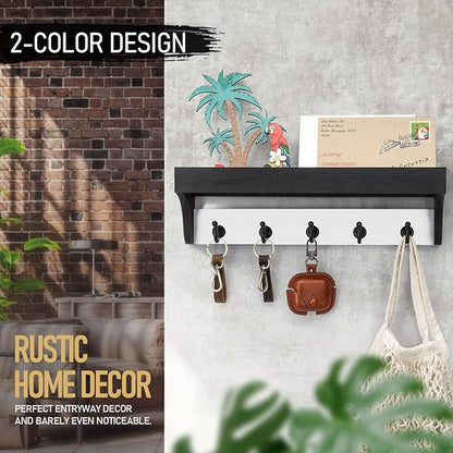 Rebee Vision Key Holder Wall Mount with Shelf - Decorative 2-Color Key Rack with 5 Rustic Key Hooks and Primitive Wood Mail Organizer Wall Mount - Modern Farmhouse Entryway Decor (Black & White)