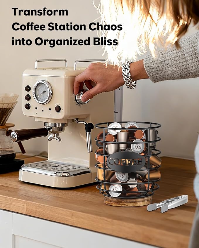 Uniclife Coffee Pod Holder K Cup Holder with Ice Tongs, Large Capacity Coffee Pod Storage for 10-30 Capsules Metal Wire Cup Organizer Coffee Pod Organizer with Wooden Base, Storage Basket for Kitchen