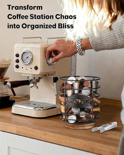Uniclife Coffee Pod Holder K Cup Holder with Ice Tongs, Large Capacity Coffee Pod Storage for 10-30 Capsules Metal Wire Cup Organizer Coffee Pod Organizer with Wooden Base, Storage Basket for Kitchen