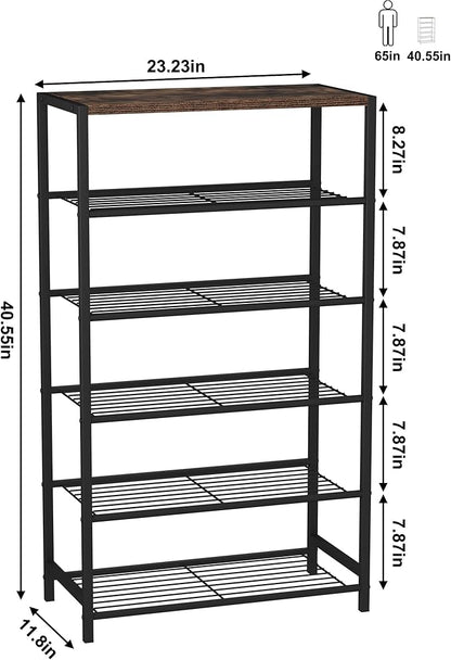 HOMEFORT Shoe Rack 6-Tier, Shoe Storage Shelf, Industrial Shoe Tower, Narrow Shoe Organizer for Closet Entryway, Small Shoe Rack Table with Durable Metal Shelves, Rustic Brown