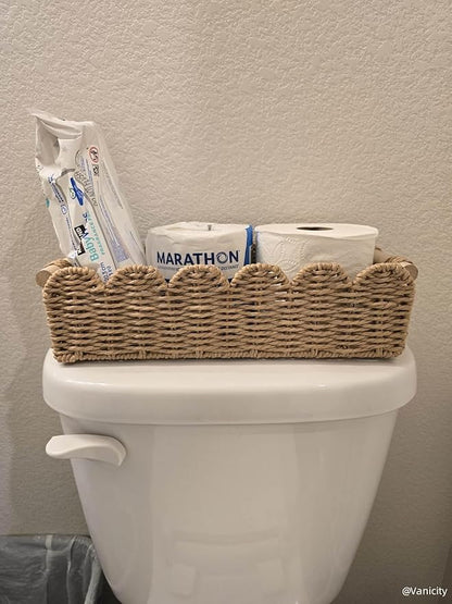 CubesLand Paper Rope Scalloped Edge Decor Baskets for Home, Living Room, Bedroom, Toilet Basket for Over Toilet Storage Shelf, End Table, Shelves and More, Both Storage&Decor, Set 2 Neutral