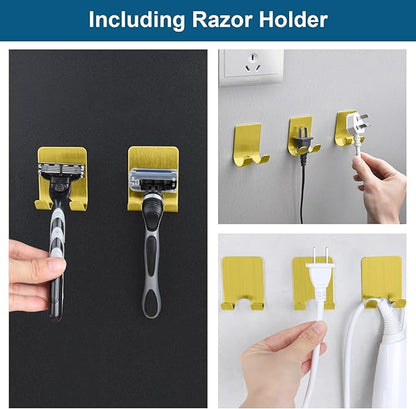 Razor Holder for Shower + Adhesive Wall Hooks, Premium 304 Stainless Steel Shower Razor Holder with Heavy Duty Waterproof Sticky Hooks for Hanging Towels, Coat, hat (4+4 Pack) - Gold