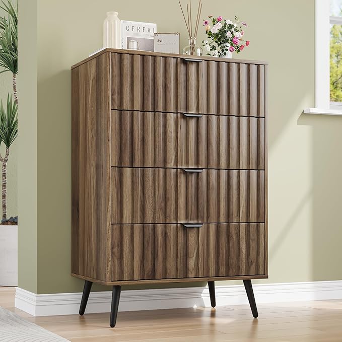 Walnut Fluted 4 Drawers Dresser for Bedroom, Chest of Drawers with Metal Wide Handle, Wooden Dresser for Closet, Bedroom, Living Room, 23.6" x 14.9"D x 30.7" H