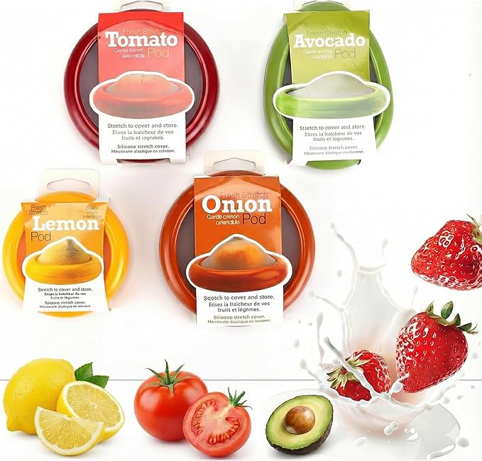 Generic Silicone Fruit And Vegetable Containers For Fridge,Reusable Holder For Food Storage,Fresh Stretch Pods For Food Saver (Green,Red,Yellow,Brown), FDPOD-02