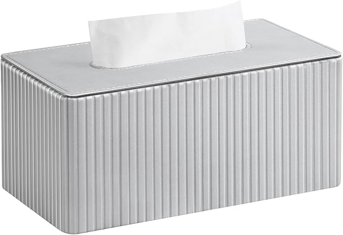 PU Leather Tissue Box Cover for up to 3.9" High Boxes, Rectangle Tissue Box Holder for Bathroom Bedroom Living Room Office (Silver Stripe)