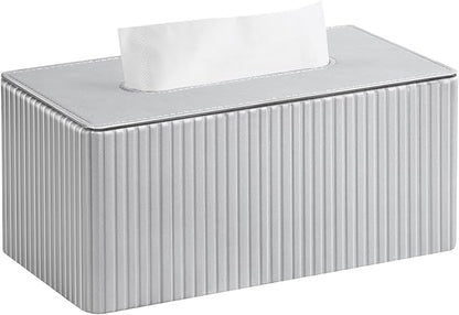 PU Leather Tissue Box Cover for up to 3.9" High Boxes, Rectangle Tissue Box Holder for Bathroom Bedroom Living Room Office (Silver Stripe)