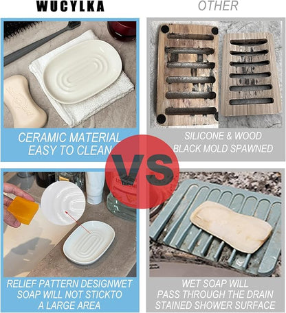 Ceramic Marble Pattern Soap Dish, Textured Raised Soap Saver Tray for Shower Bathroom Kitchen Sink Vanity, Easy to Clean Multi-Use Holder for Bar Soap Jewelry Rings Keys, Blue (1 Pack)