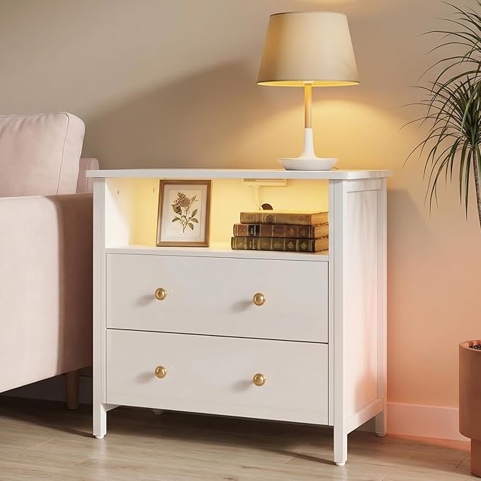 27 Inch Wide Night Stand, Large Wood Night Stand with 2 Drawers, LED Nightstand with Charging Station and Adjustable Drawer, Bedside Table for Living Room/Bedroom/Study/Office, White.
