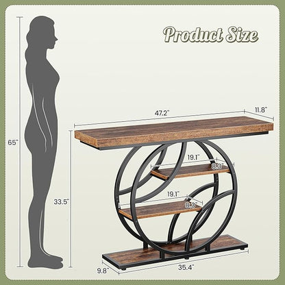 Huuger 47.2 Inch Entryway Table, Industrial Console Sofa Table with Storage, Accent Table with Shelves, for Entry, Hallway, Entrance, Foyer, O-Shaped Metal Frame, Rusitc Brown