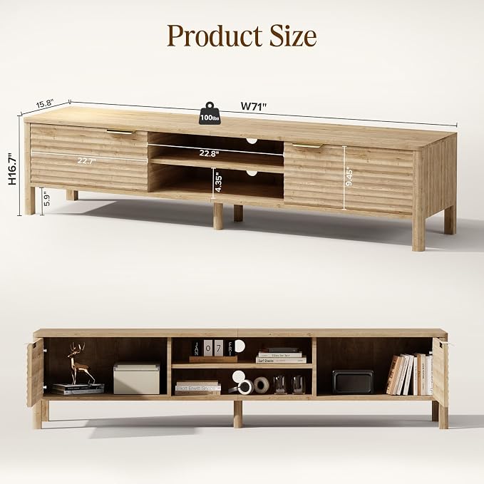 IKALIFE TV Stand for Living Room - up to 80 Inch TVs Mid Century Modern Entertainment Center with Storage and Adjustable Shelves, Media Console Table Oak 71"