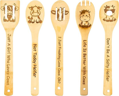 5PCS Cow Wooden Cooking Spoons Cow Gifts Cow Decor Cow Gifts for Women Cow Kitchen Decor Gifts for Cow Lovers Cow Stuff Party Favors Housewarming Wedding Cooking Bamboo Cooking Spoons
