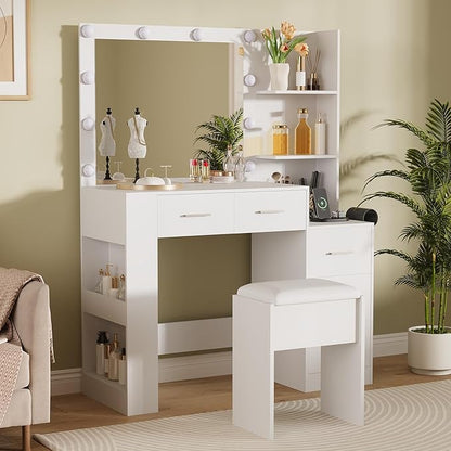 Garvee 41" Large Vanity Desk with 10-Bulb Mirror and Built-in Outlets - Makeup Vanity Desk with 3 Color Lighting Modes and 5 Drawers - Dressing Table with Soft Cushioned Stool for Bedroom