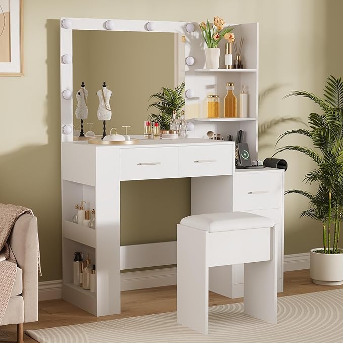 【10-Bulb Mirror | Built-in Outlets】 41'' Large Vanity Desk with Mirror and 3 Color Lighting Modes - Makeup Desk with Stool and 5 Drawers for Bedroom