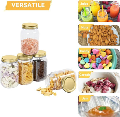 novelinks 16 oz Clear Plastic Jars with Lids, Refillable 16oz Mason Jars with Lids & Storage Containers for Kitchen & Household Use (5 Pack,Gold)