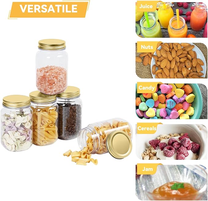 novelinks 16 oz Clear Plastic Jars with Lids, Refillable 16oz Mason Jars with Lids & Storage Containers for Kitchen & Household Use (10 Pack,Gold)