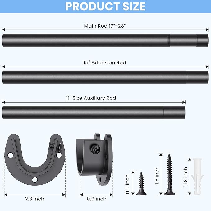 Closet Rods for Hanging Clothes, 17 to 69 Inch Stepless Adjustable Closet Rod, 1.3 Inch Diameter Metal Heavy Duty Closet Hanging Rod for Closet Wardrobes Laundry RV, Black
