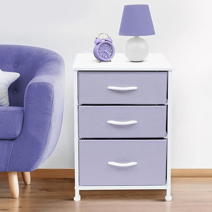 Sorbus Nightstand with 3 Drawers - Furniture Storage Chest Tower Unit for Bedroom, Hallway, Closet, Office Organization - Steel Frame, Wood Top, Pastel Fabric Bin (Purple)
